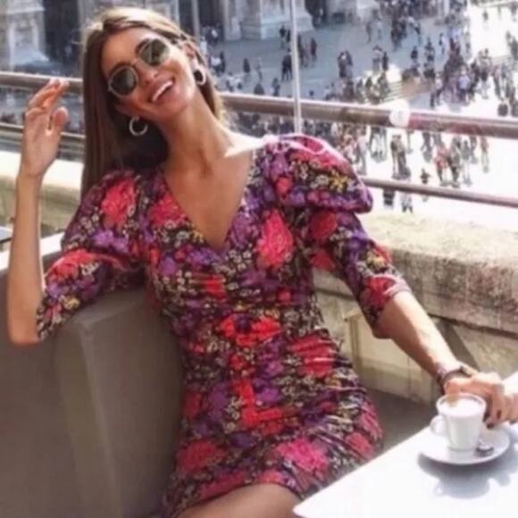 New Zara Satin Floral Puff Sleeve V Neck Bloggers Favorite Mini Dress Women’s S - Picture 6 of 6